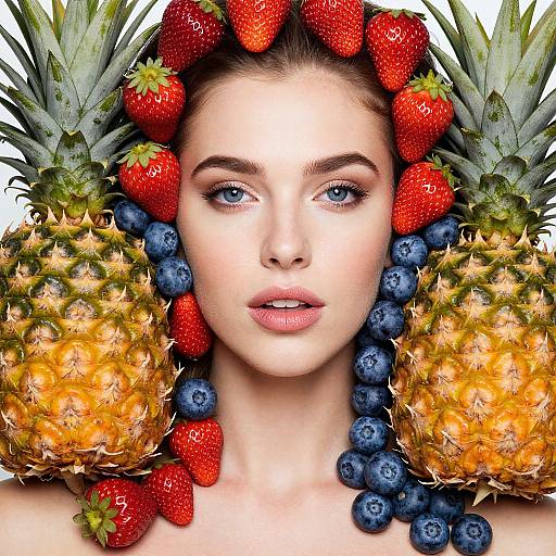 Woman Amidst Vibrant Tropical Fruits