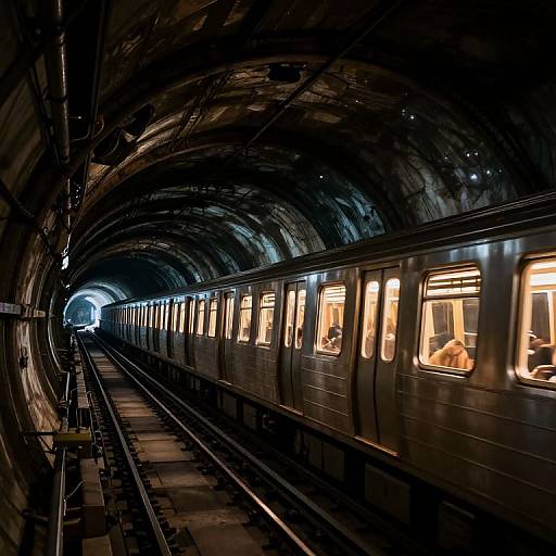 Photograph of a dimly lit, curved underground subway tunnel with a speeding train, illuminated windows showing seated passengers.