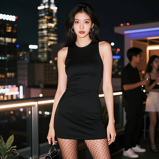 Photograph of an Asian woman with long black hair, wearing a black sleeveless dress, fishnet stockings, and hoop earrings, standing on a rooftop