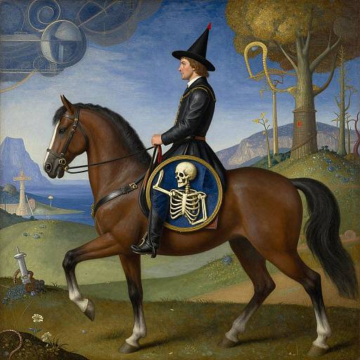 Digital painting of a wizard in black attire riding a brown horse with a skeleton emblem, set against a fantastical landscape.