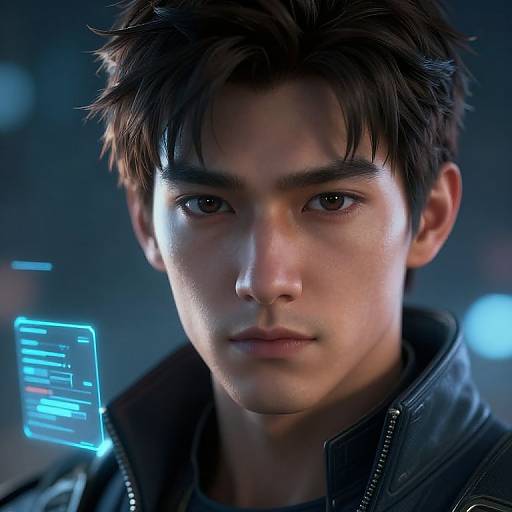 Close-up photograph of a young Asian man with short, dark brown hair, wearing a black leather jacket, against a dark, blue-lit background with