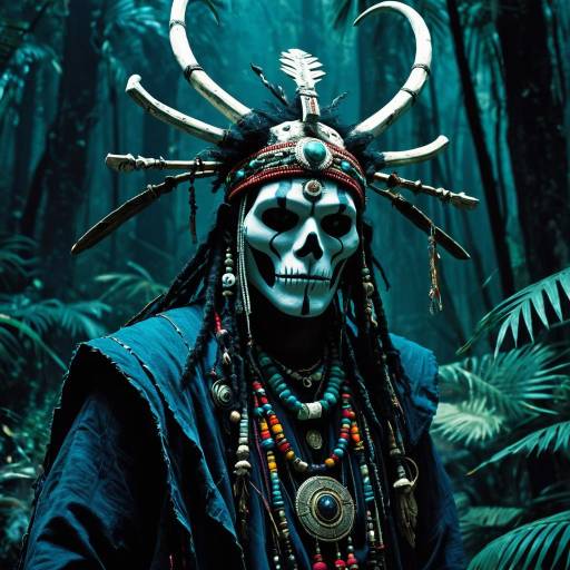 Ancient Bone-Masked Voodoo Shaman in Jungle