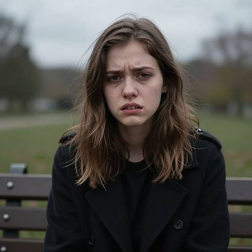 Photograph of a young woman with distressed expression, brown wavy hair, wearing black coat, sitting on park bench, blurred green park background.