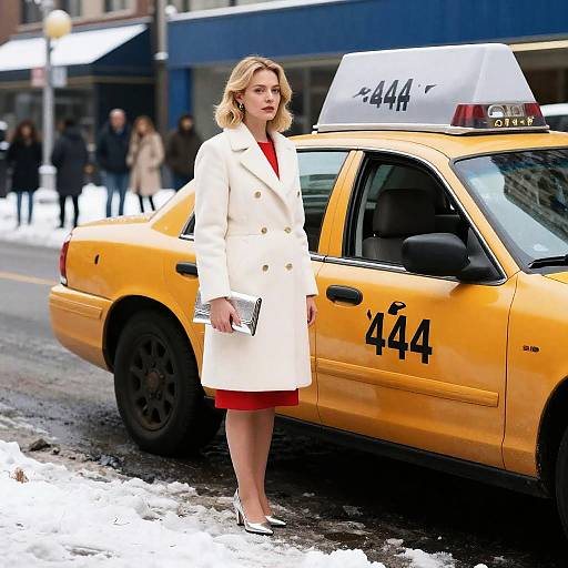 Blonde Woman by NYC Yellow Cab in Snow