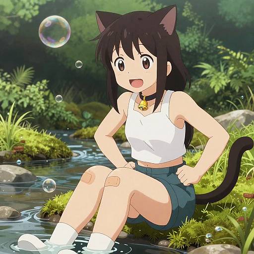 Anime-style drawing of a smiling catgirl with black hair, cat ears, and tail, sitting by a forest stream, wearing a white tank top and