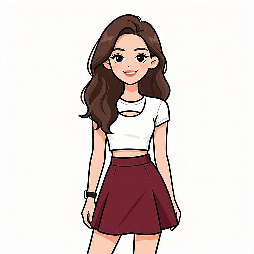 Digital anime-style drawing of a smiling young woman with long brown hair, wearing a white crop top and maroon skirt.