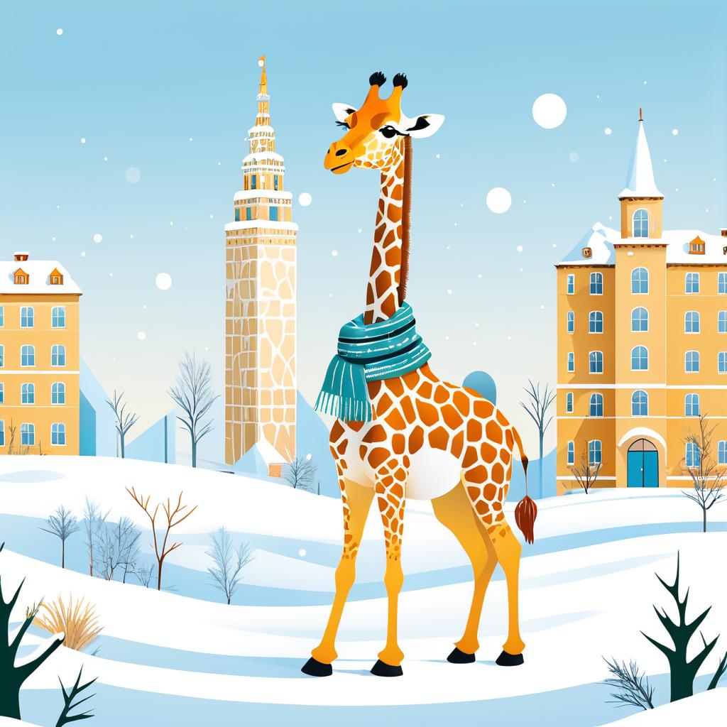 Whimsical Giraffe Building a Snowman