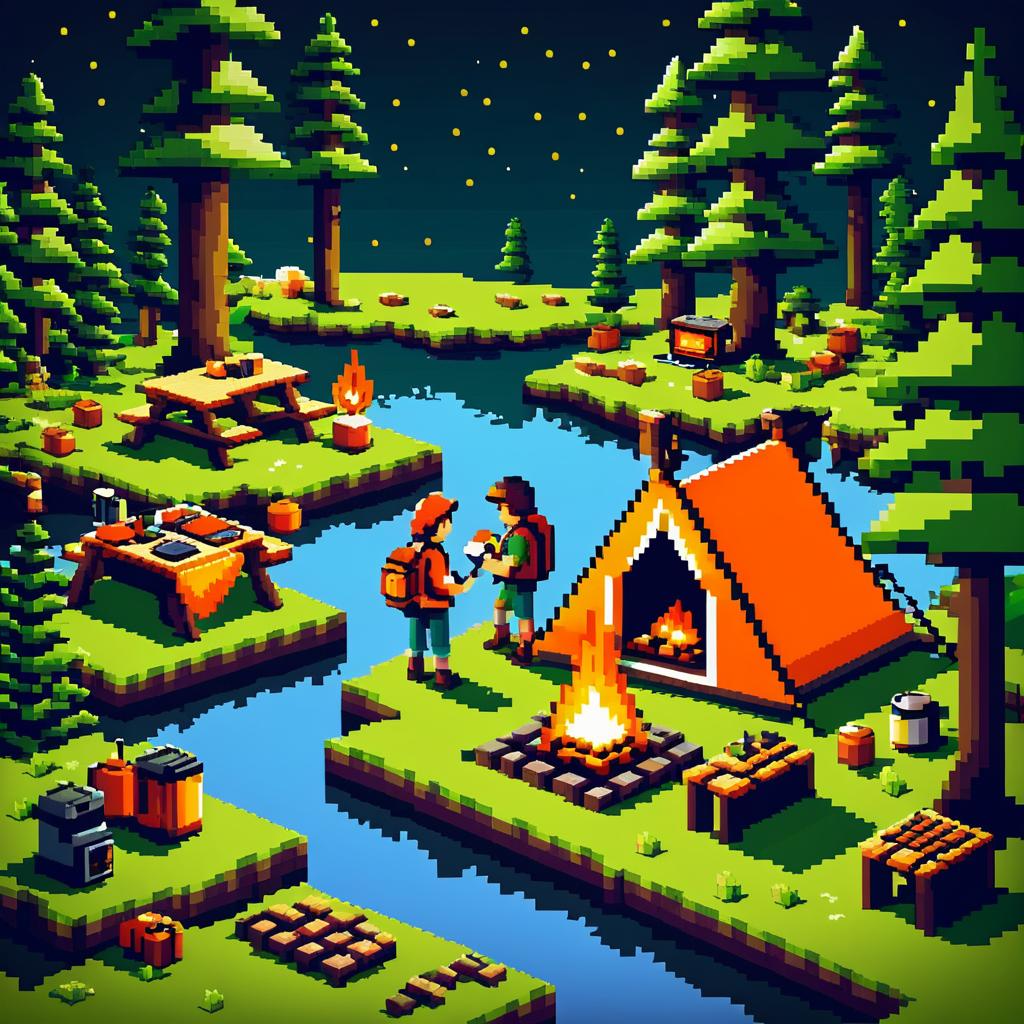 Retro 8-Bit Campsite Adventure Scene