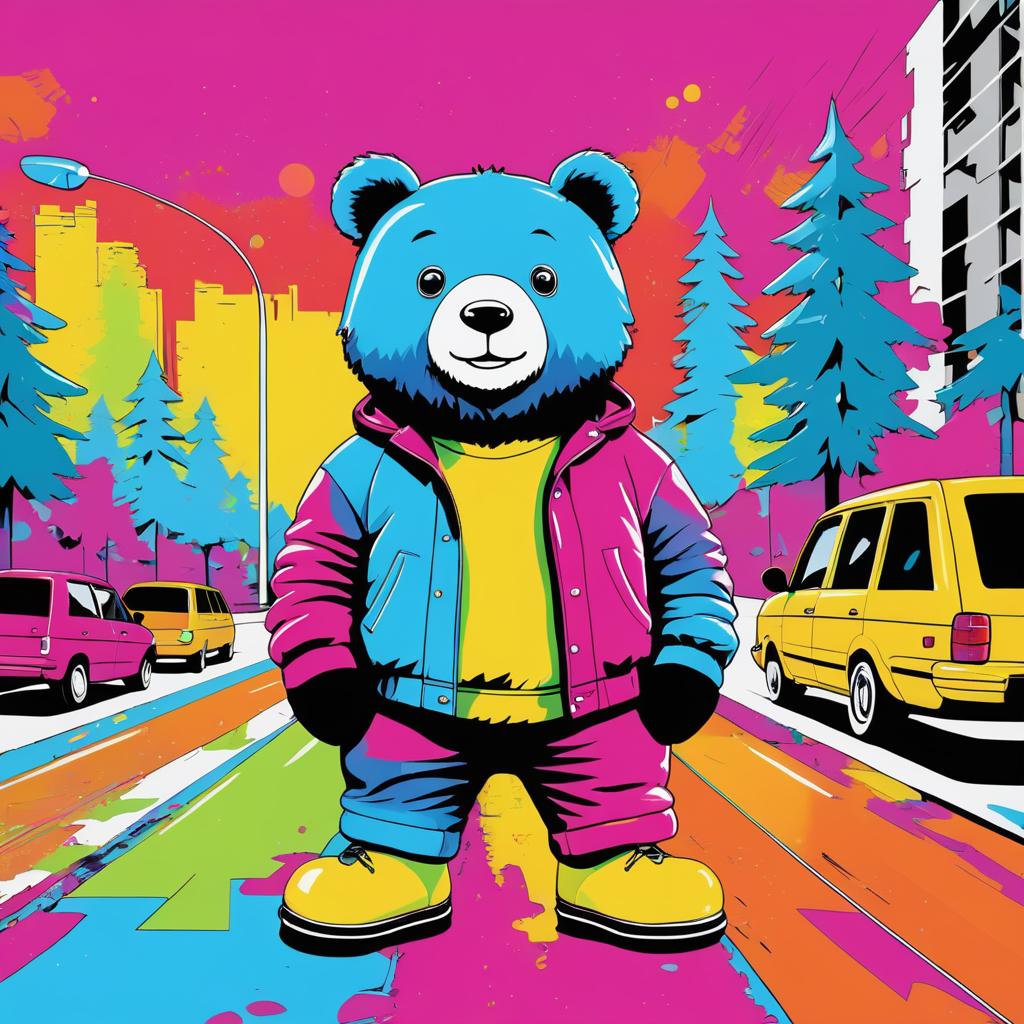 Bright Pop Art Bear on Graffiti Wall