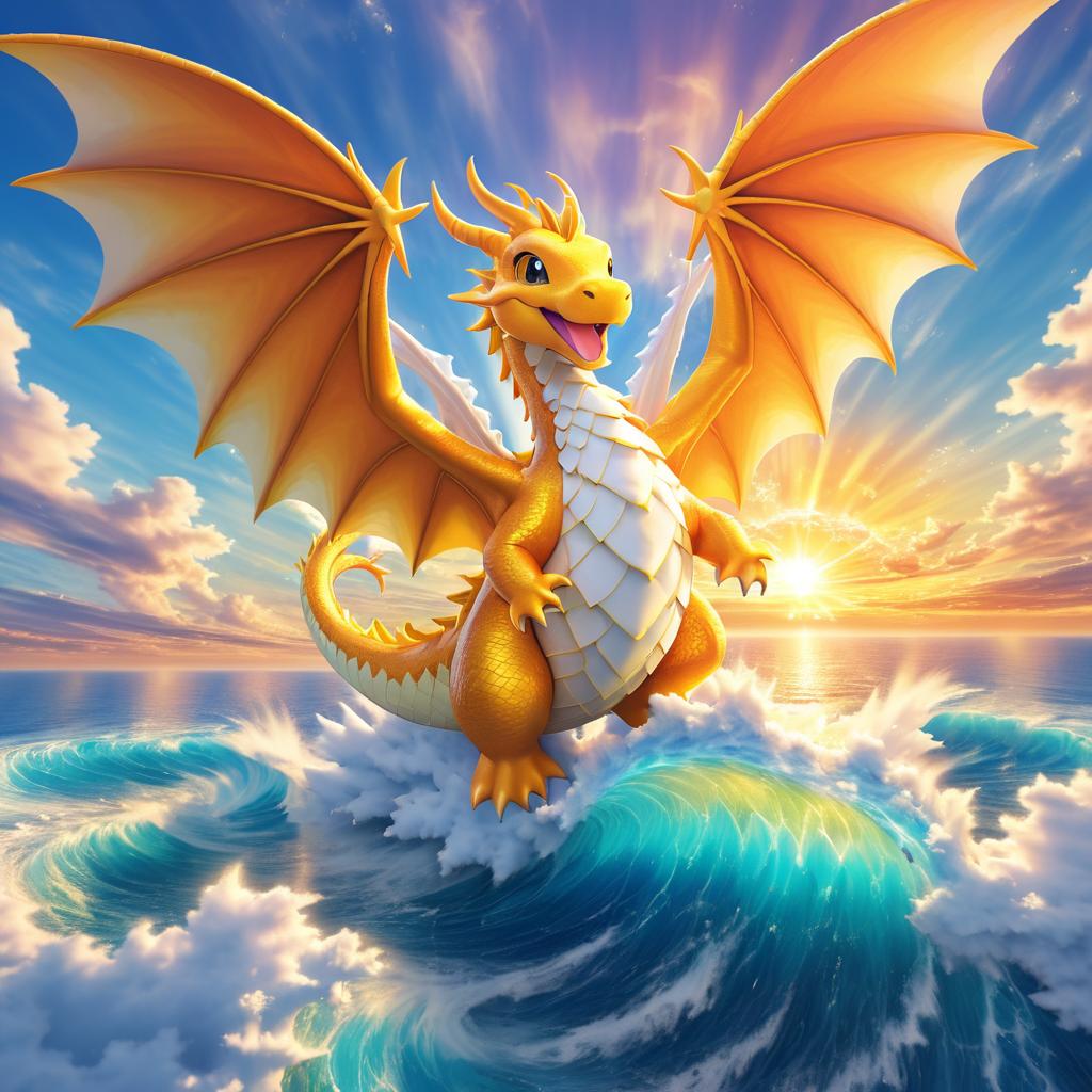 Joyful Dragonite Soaring Above Ocean