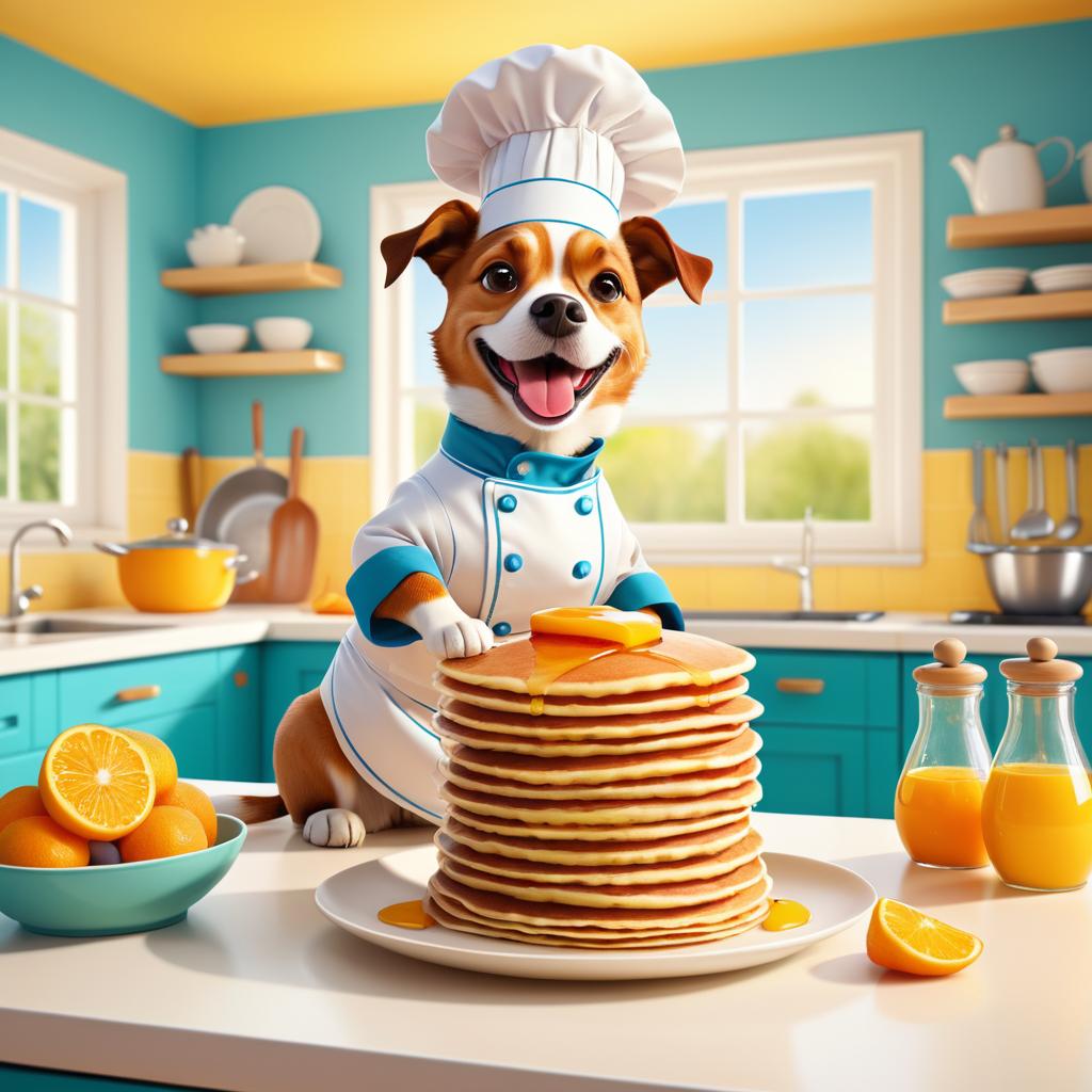 Cartoon Dog Chef Making Pancakes