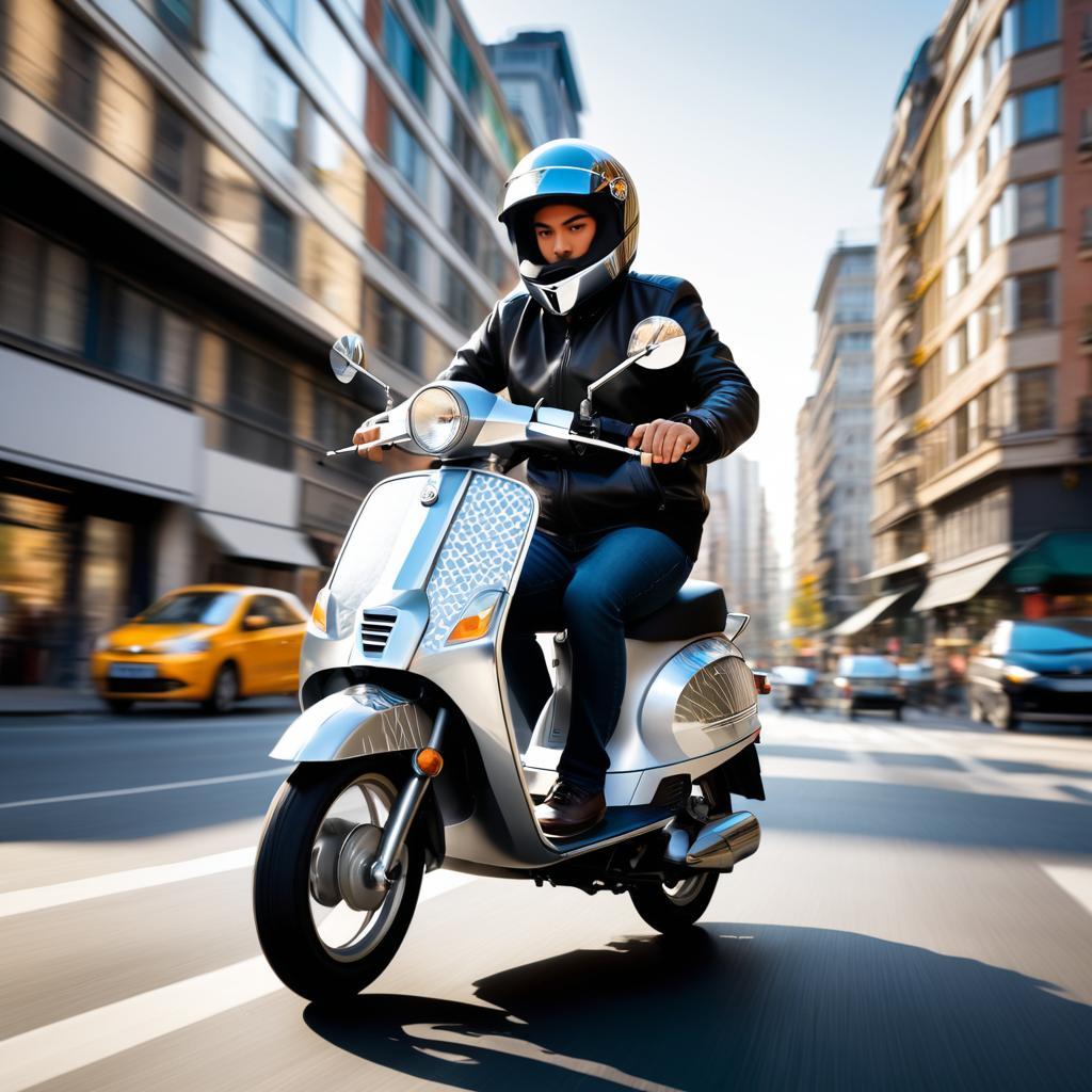 Sleek Silver Moped in Urban Motion