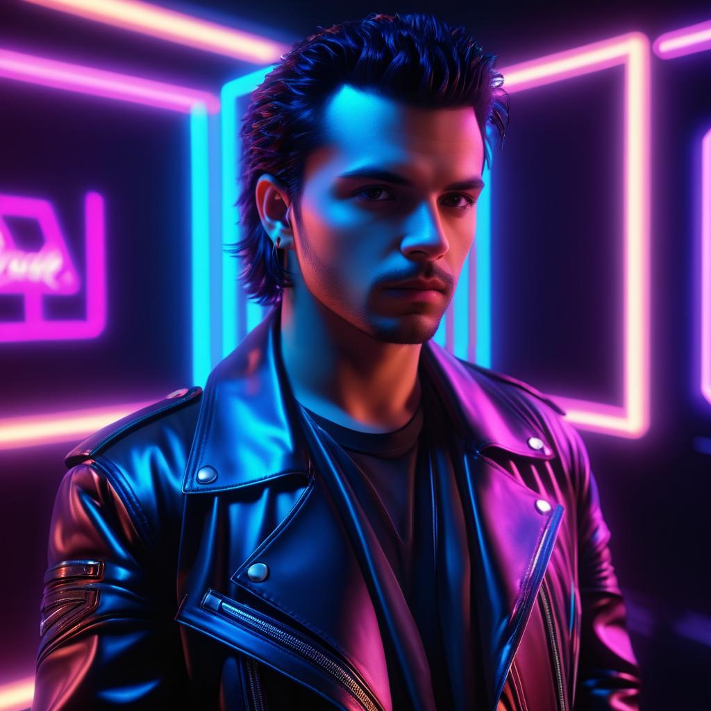 Dramatic 1980s Musician Portrait in Neon