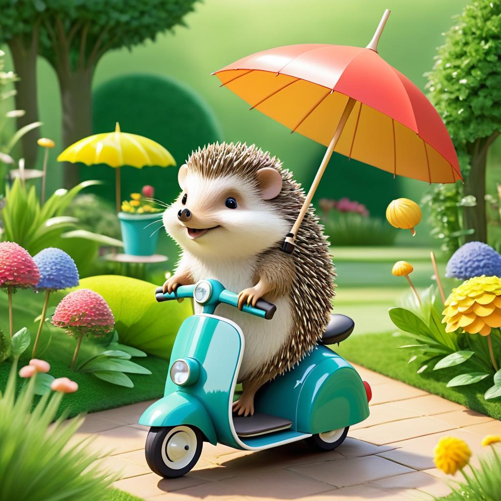 Hedgehog on Scooter with Tiny Umbrella