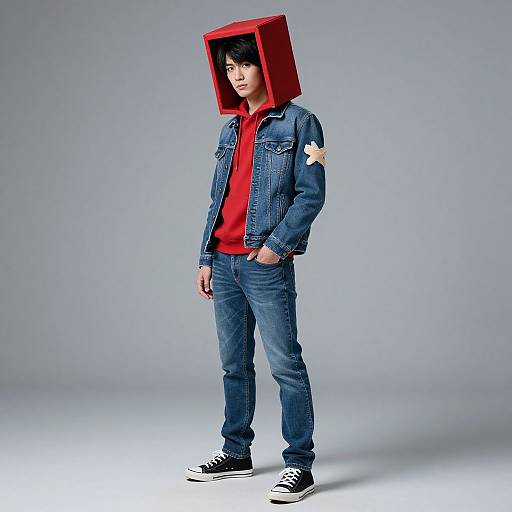 Photograph of a young man with pale skin, black hair, wearing a red hooded jacket, red shirt, blue jeans, and black sneakers,