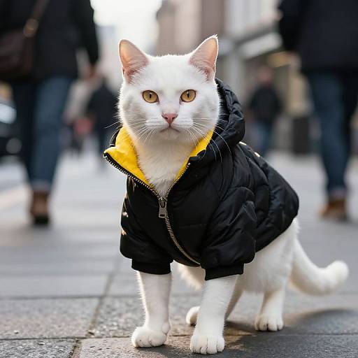 Photograph of a white cat with yellow eyes wearing a black puffer jacket with a yellow hood, walking on a city sidewalk with blurred pedestrians in the