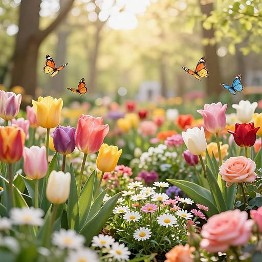 Photograph of a vibrant garden with colorful tulips, roses, and daisies, illuminated by sunlight. Three orange and blue butterflies flutter above,