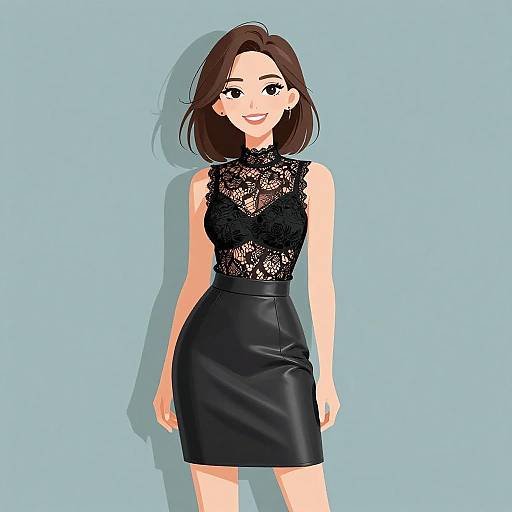 Digital anime-style drawing of a smiling woman with brown hair, wearing a black lace sleeveless top and matching black leather skirt, against a light blue background