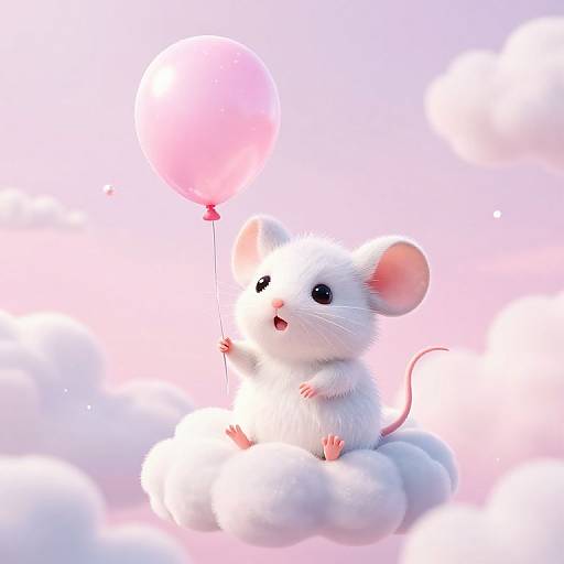 Chibi White Mouse on Fluffy Cloud