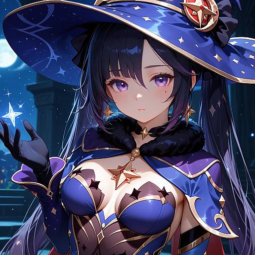 Illustration of Mona (pact of stars and moon) (genshin impact), genshin impact in the style of Tengu (tetuo kun)