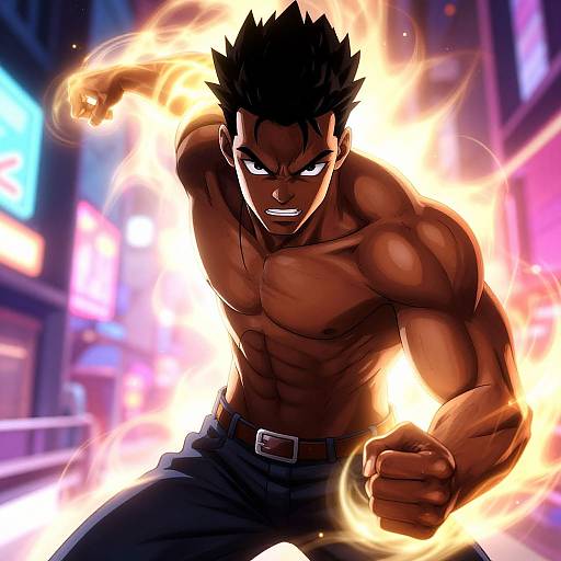 Muscular, shirtless anime man with dark skin and spiky black hair, surrounded by bright flames, clenched fists, intense expression, neon-l
