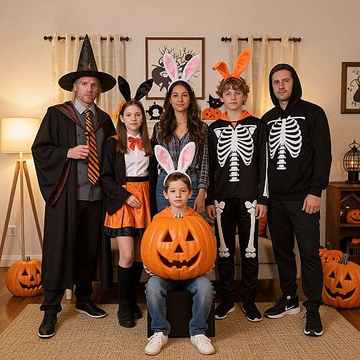 Photograph of five people in Halloween costumes: witch, bunny girl, bunny boy, skeleton boy, and seated pumpkin boy, in a warmly lit living