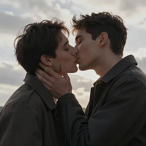 Tender Embrace Under Cloudy Skies