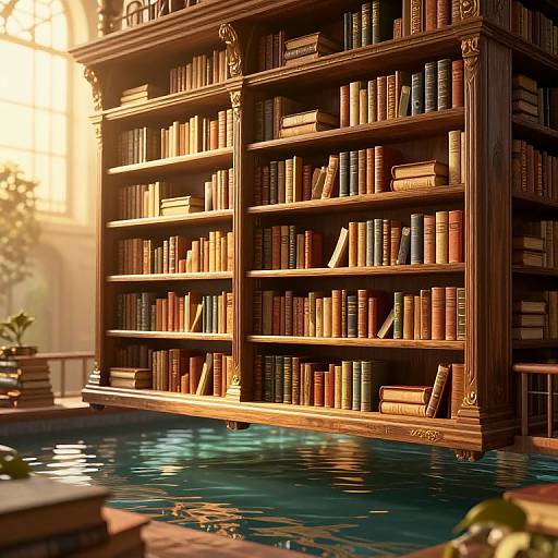 Photorealistic CGI of a sunlit, ornate wooden bookshelf filled with colorful books, reflected in a rippling blue water pool.