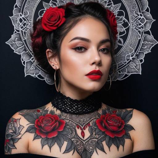 Woman with Red Rose Tattoos and Floral Headpiece