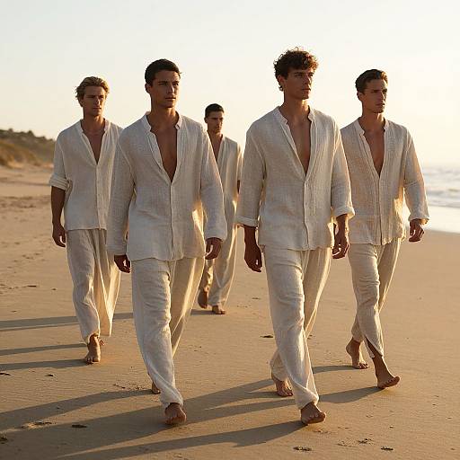 Male Models Strolling Beach Sunrise