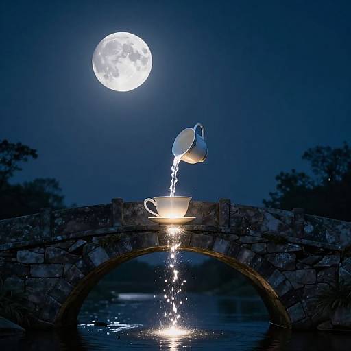 Photograph of a moonlit night with a stone bridge. A white teacup on the bridge is pouring from a teapot, creating a glowing