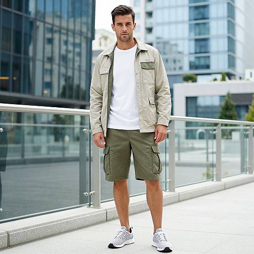 Photograph of a handsome, bearded man with short dark hair, wearing a beige jacket, white t-shirt, olive cargo shorts, and white sneakers