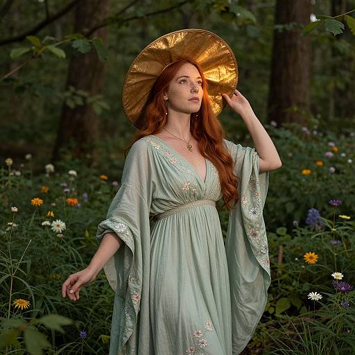 Photograph of a red-haired woman in a light green, floral-embroidered dress, wearing a golden sun hat, standing in a lush forest