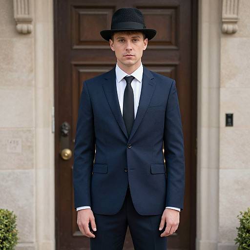Photograph of a young Caucasian man with fair skin, wearing a black suit, white shirt, black tie, and black bowler hat, standing in