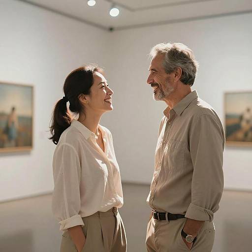 Photograph of an older gray-bearded man and a smiling woman with dark hair, both wearing white shirts, standing in a sunlit art gallery with