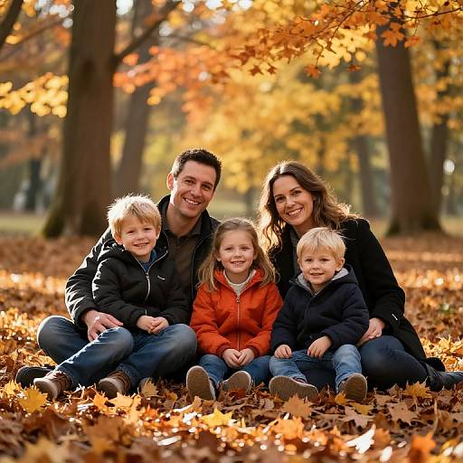 Photograph of a smiling family of five, sitting on autumn leaves in a sunlit forest, with vibrant orange and yellow foliage in the background.