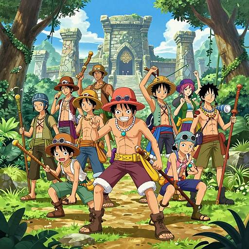 Anime-style illustration of a group of adventurous, shirtless, hat-wearing, diverse characters standing in a lush forest with an ancient stone archway in