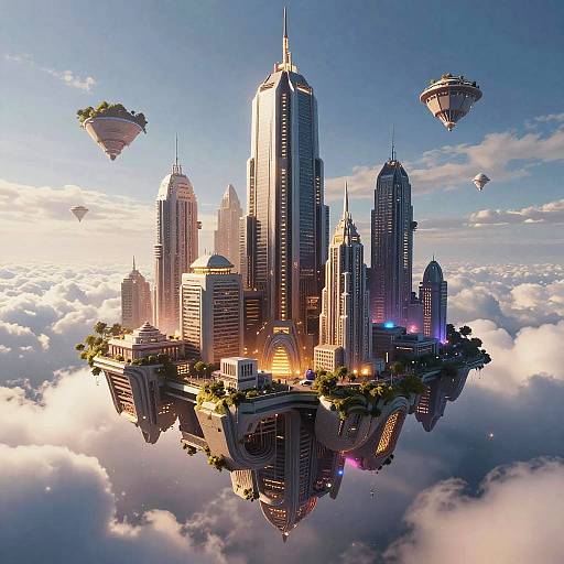 Photorealistic CGI of a futuristic cityscape floating among clouds, featuring towering skyscrapers, greenery, and smaller flying islands, bathed in