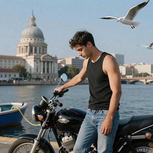 Young Man by Motorcycle on Dock