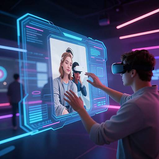 Photograph of a man in VR, pointing at a holographic interface displaying a smiling woman in a white top, with neon blue and pink lights in