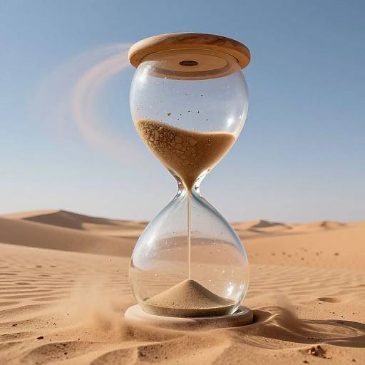 Photograph of a clear glass hourglass with golden sand, standing on a sunlit, sandy desert with blue sky background.