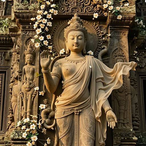 Photograph of a serene, golden-brown stone statue of a Hindu goddess with closed eyes, adorned with flowers, intricate headdress, and draped cloth