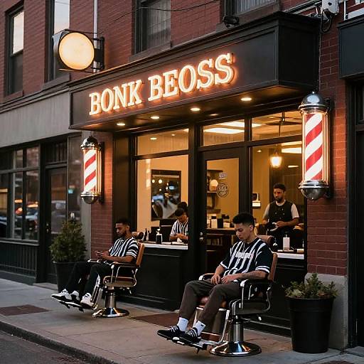 Photograph of a vintage barber shop exterior with 