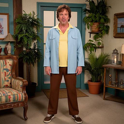 Photograph of a middle-aged man with short brown hair, light blue shirt, yellow polo, brown pants, and black sneakers, standing in a cozy