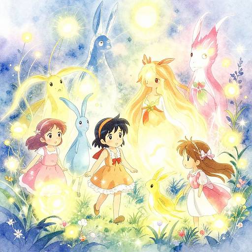 Anime-style digital illustration of four girls with colorful dresses and hair, surrounded by glowing fairy-like creatures in a vibrant, magical forest.