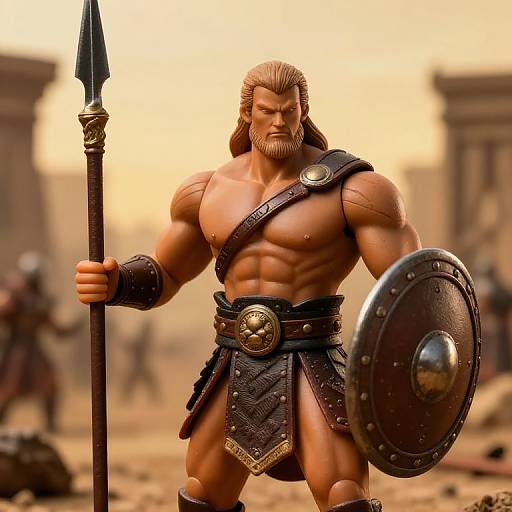 Digital artwork of a muscular, bearded warrior with long hair, holding a spear and shield, wearing a leather skirt and arm guard, in a dusty