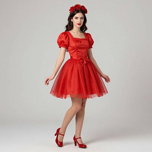 Photograph of a fair-skinned woman with black hair, wearing a red floral headband, red puffed-sleeve dress, and red high