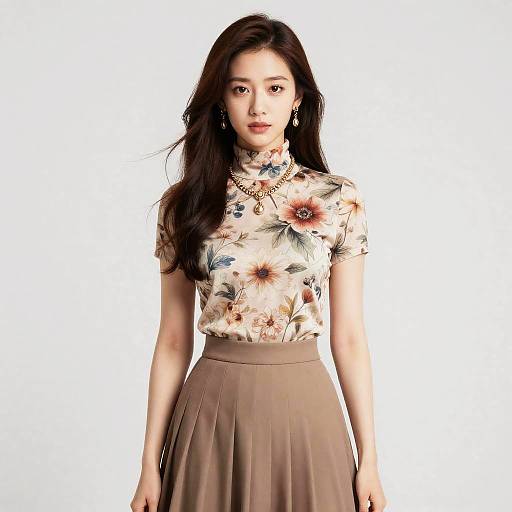 Elegant Young Woman in Floral Turtleneck and Pleated Skirt