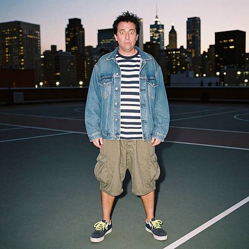 Photograph of a surprised man with spiky hair, wearing a denim jacket, striped shirt, khaki cargo shorts, and sneakers, standing on a