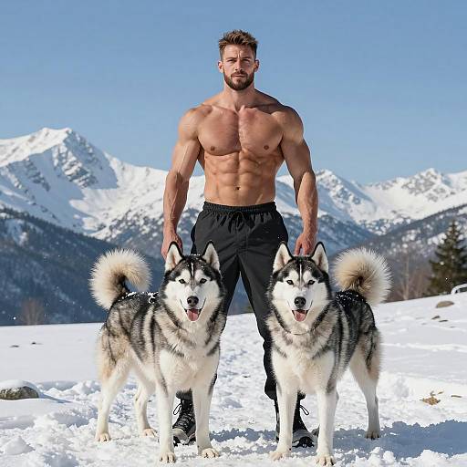 Muscular Man with Huskies in Snow